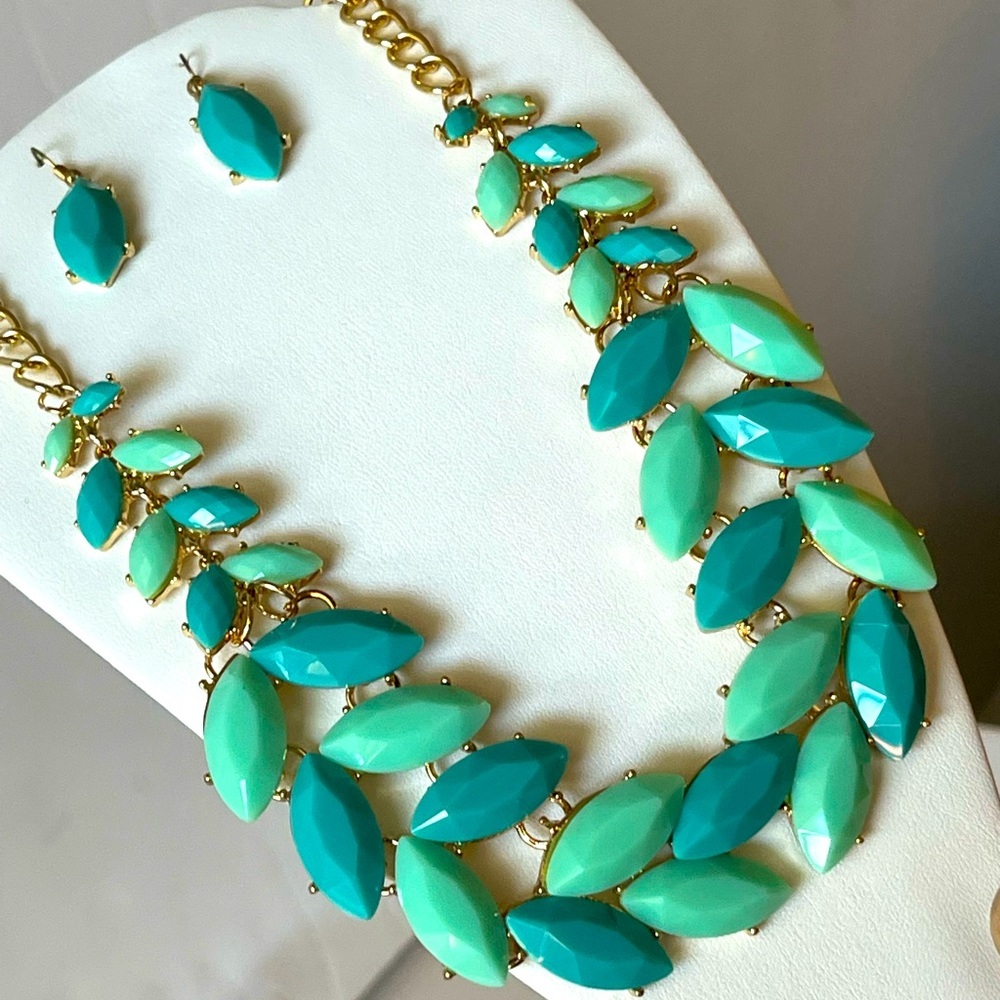 Turquoise Teal Blue Rhinestone Necklace Earrings Set Bridal Prom Jewelry Set